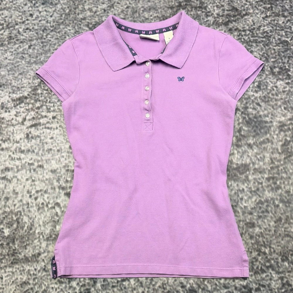Vintage Y2K Aeropostale Polo Shirt Slim Fit Womens Small Purple Butterfly Preppy